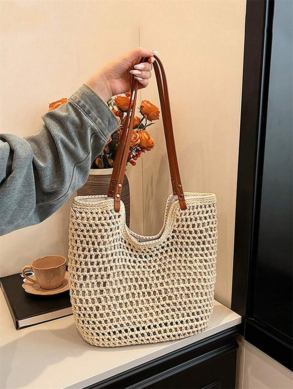 新入荷 中空 トートバッグ レディース 大容量 ストロー 編み ハンドバッグ ショルダーバッグ ヴィンテージ トラベル 10枚目の画像