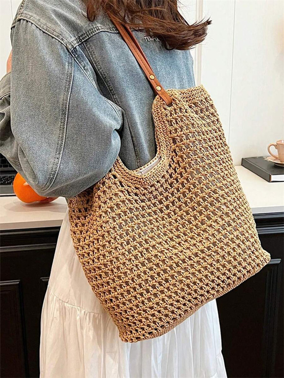 新入荷 中空 トートバッグ レディース 大容量 ストロー 編み ハンドバッグ ショルダーバッグ ヴィンテージ トラベル 4枚目の画像