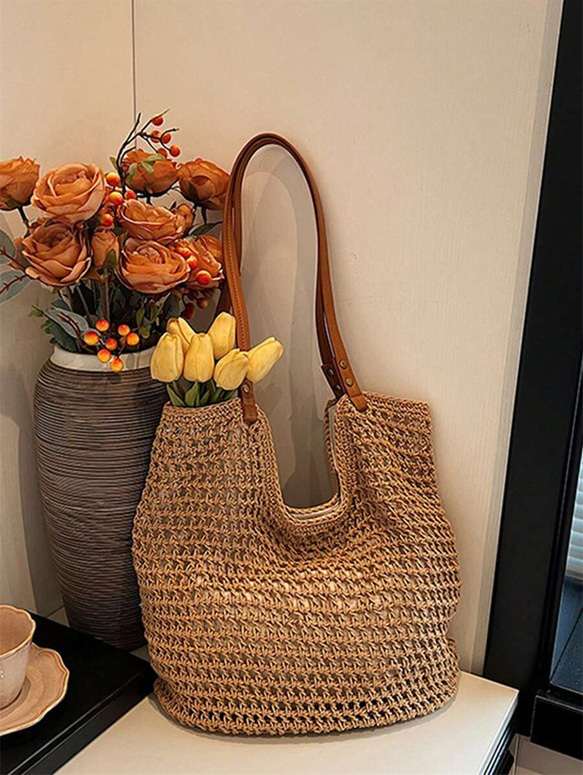 新入荷 中空 トートバッグ レディース 大容量 ストロー 編み ハンドバッグ ショルダーバッグ ヴィンテージ トラベル 2枚目の画像