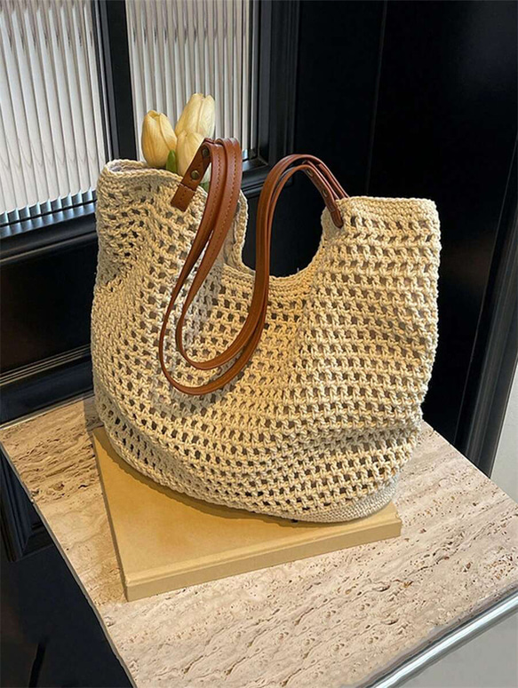 新入荷 中空 トートバッグ レディース 大容量 ストロー 編み ハンドバッグ ショルダーバッグ ヴィンテージ トラベル 9枚目の画像