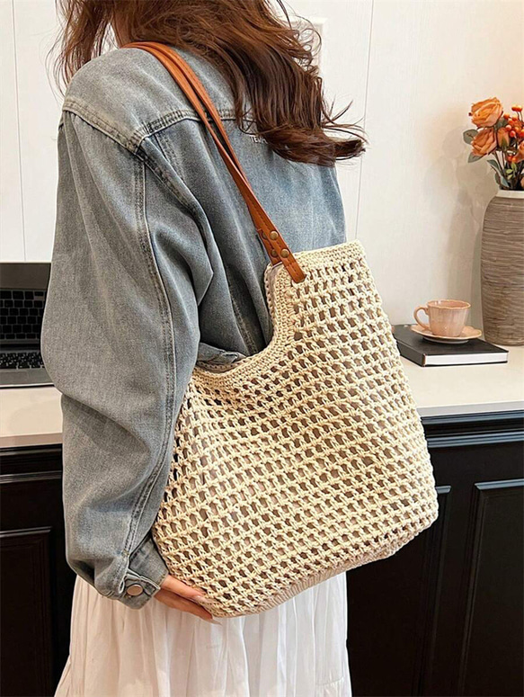 新入荷 中空 トートバッグ レディース 大容量 ストロー 編み ハンドバッグ ショルダーバッグ ヴィンテージ トラベル 12枚目の画像