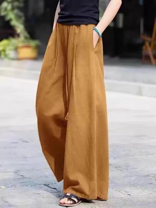 ゆったりとしただるい風ワイドパンツ女性2025新型夏の長身スリム全綿カジュアルパンツ純色ロングパンツ