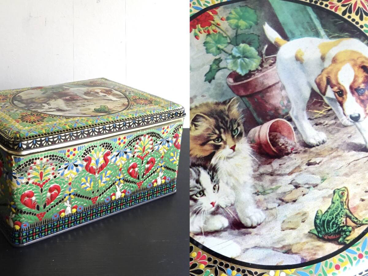 1940年-1950年 フランス Metalco Toulouse 菓子缶 民藝 工藝 猫 蛙 犬 ラッセルテリア