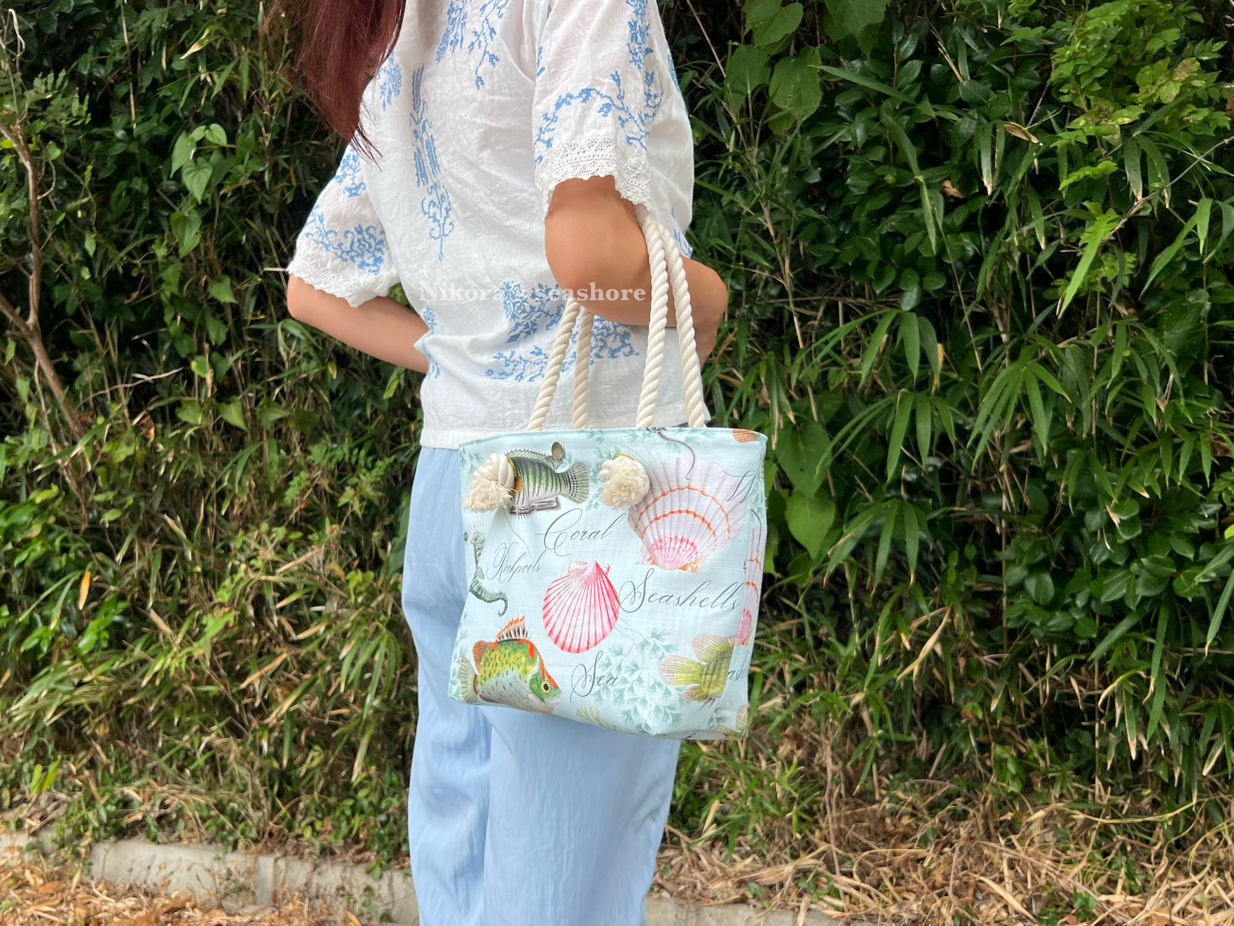 トートバッグ　33×22×10cm　ロープバッグ　魚　シーホース　シェル　スターフィッシュ　生成り帆布（底板付き）