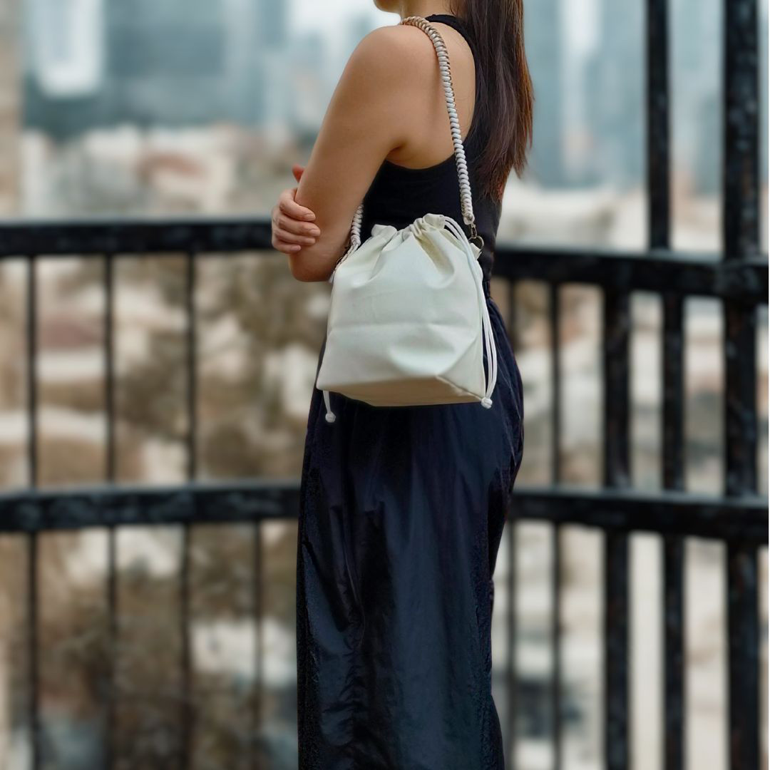 巾着ショルダーバッグ 2WAY｜スマホ・500ml収納可｜pocora｜【ホワイトモカ】