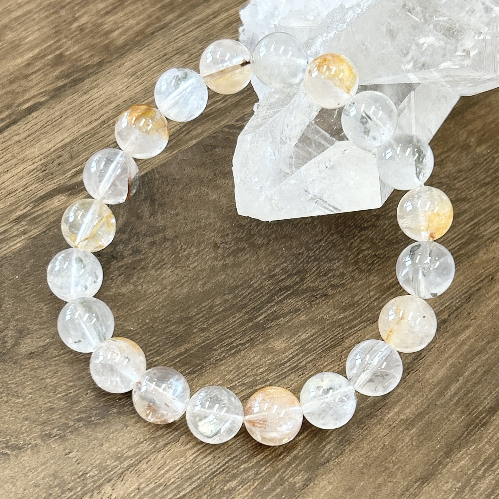 【宝石入り】マーカサイト&ライモナイトインクォーツ♪9.5ミリ♪天然石♪天然石ブレスレット