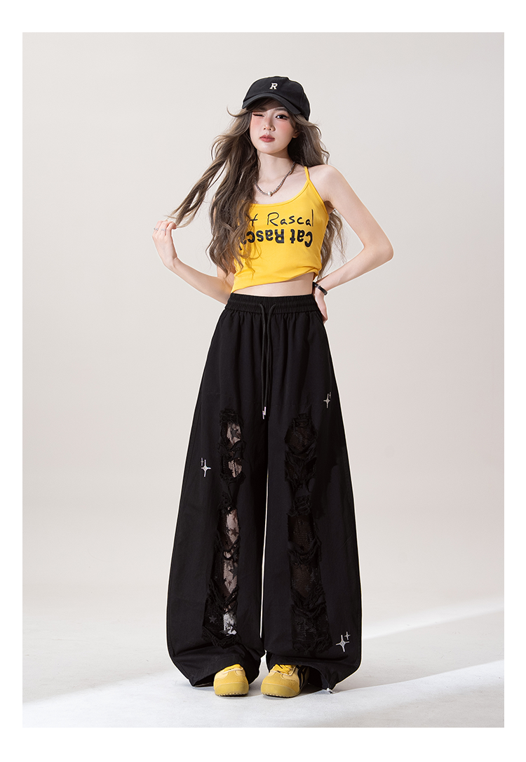 アメリカ式破穴継ぎ手レースカーブカッターワイドパンツ夏の新作ファッションブランドジャズダンスギャルカジュアルウェアロング