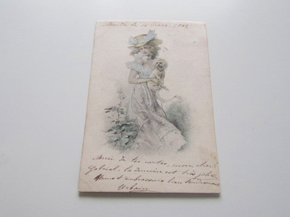 『貴婦人と犬』CARTE POSTALE フランスアンティークポストカード 3枚目の画像