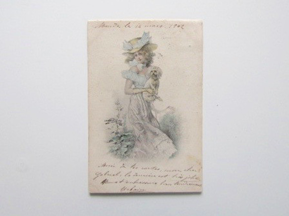 『貴婦人と犬』CARTE POSTALE フランスアンティークポストカード 2枚目の画像