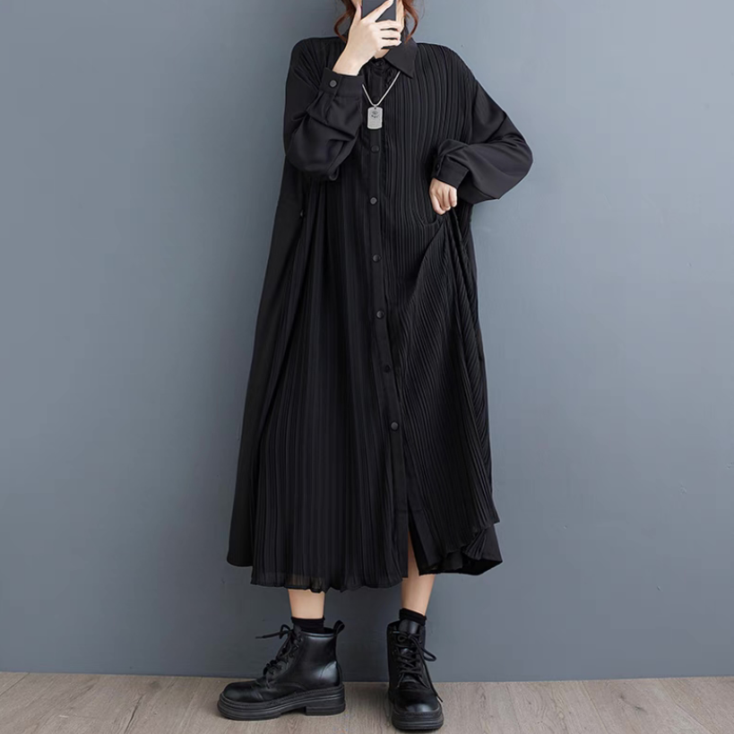秋の新作、シフォン、ワンピース、長袖、レディース、 ゆったり、春、ブラック