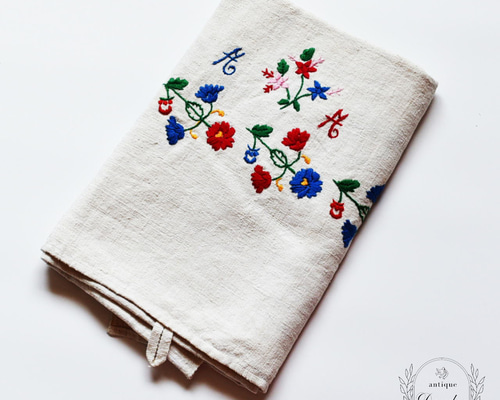ハンガリー 手織りリネンの花刺繍キッチンクロス【sa733】 その他