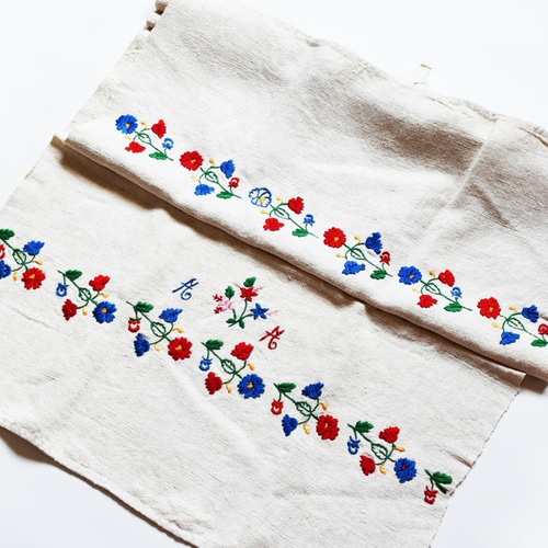 ハンガリー 手織りリネンの花刺繍キッチンクロス【sa733】 その他