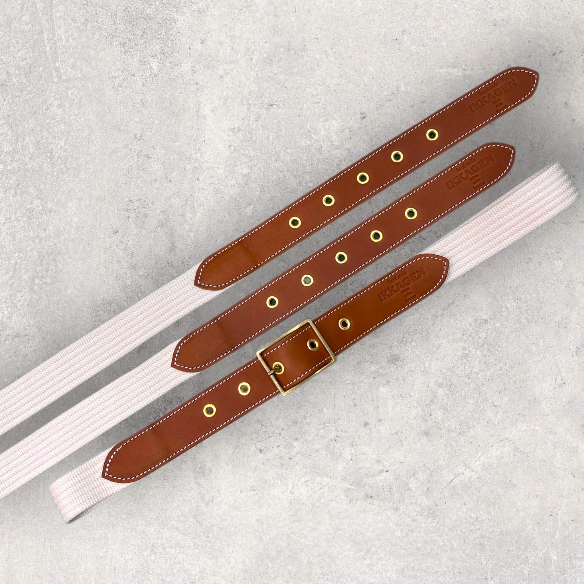 【レザー×コットン】ベルト（キャメル）（ハンドメイド／3サイズ／レディース／メンズ）