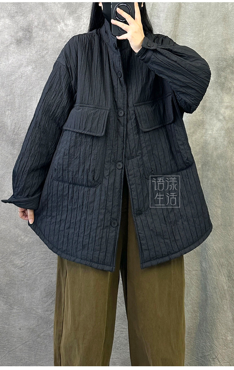 オリジナルレトロ風ストライプクリップ綿ゆったりショート丈綿入れレディース秋冬ビッグサイズカジュアル