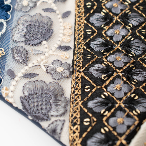 インド刺繍リボンの18cmファスナーフラットポーチ ブルー ポーチ