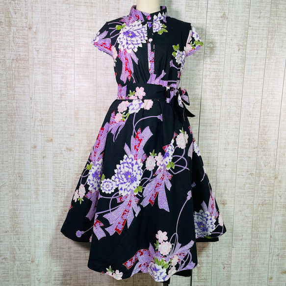 467 ハンドメイド・手芸 浴衣リメイク フレンチ袖テントラインワンピース