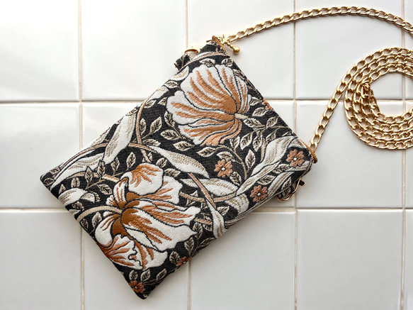 スペイン製ジャガード生地 PIMPERNELのポシェット ウィリアムモリス ピンパーネル　スマホポシェット　スマホポーチ 1枚目の画像