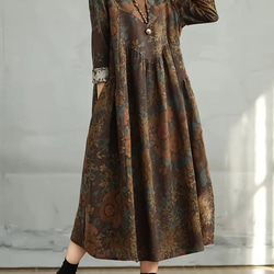 綿麻ワンピース 長袖 レディース ロングドレス 花柄 秋冬 大人