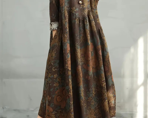 綿麻ワンピース 長袖 レディース ロングドレス 花柄 秋冬 大人