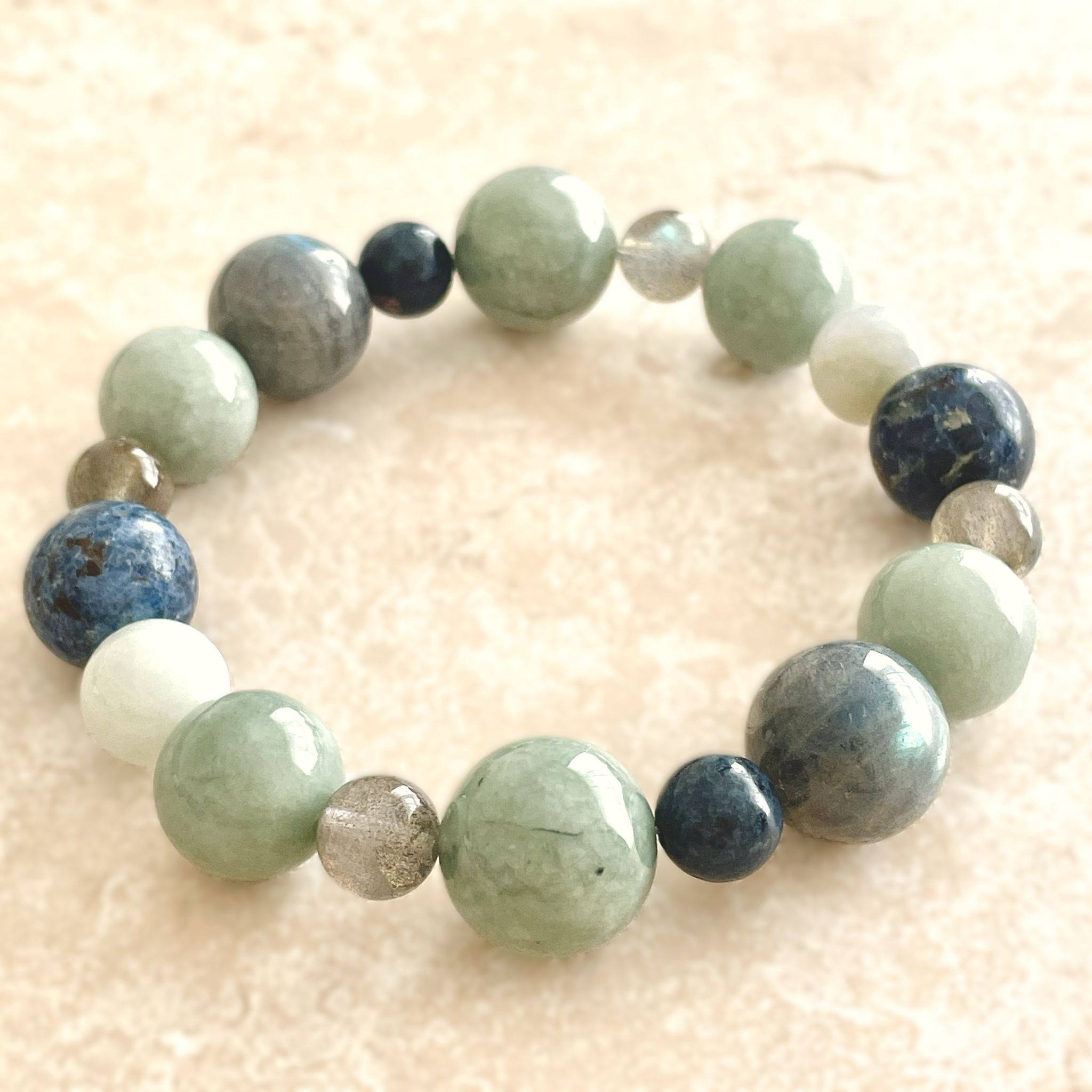 ジェダイト(翡翠)＋ラブラドライト＋ブルースピネルのブレスレット　jad-b-2508-04