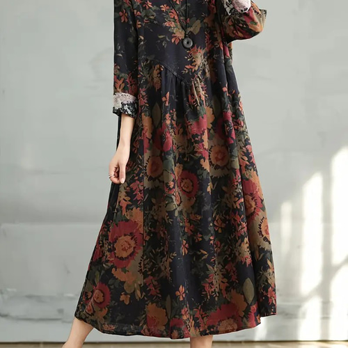 綿麻ワンピース 長袖 花柄 秋冬 ゆったり レディース ロング