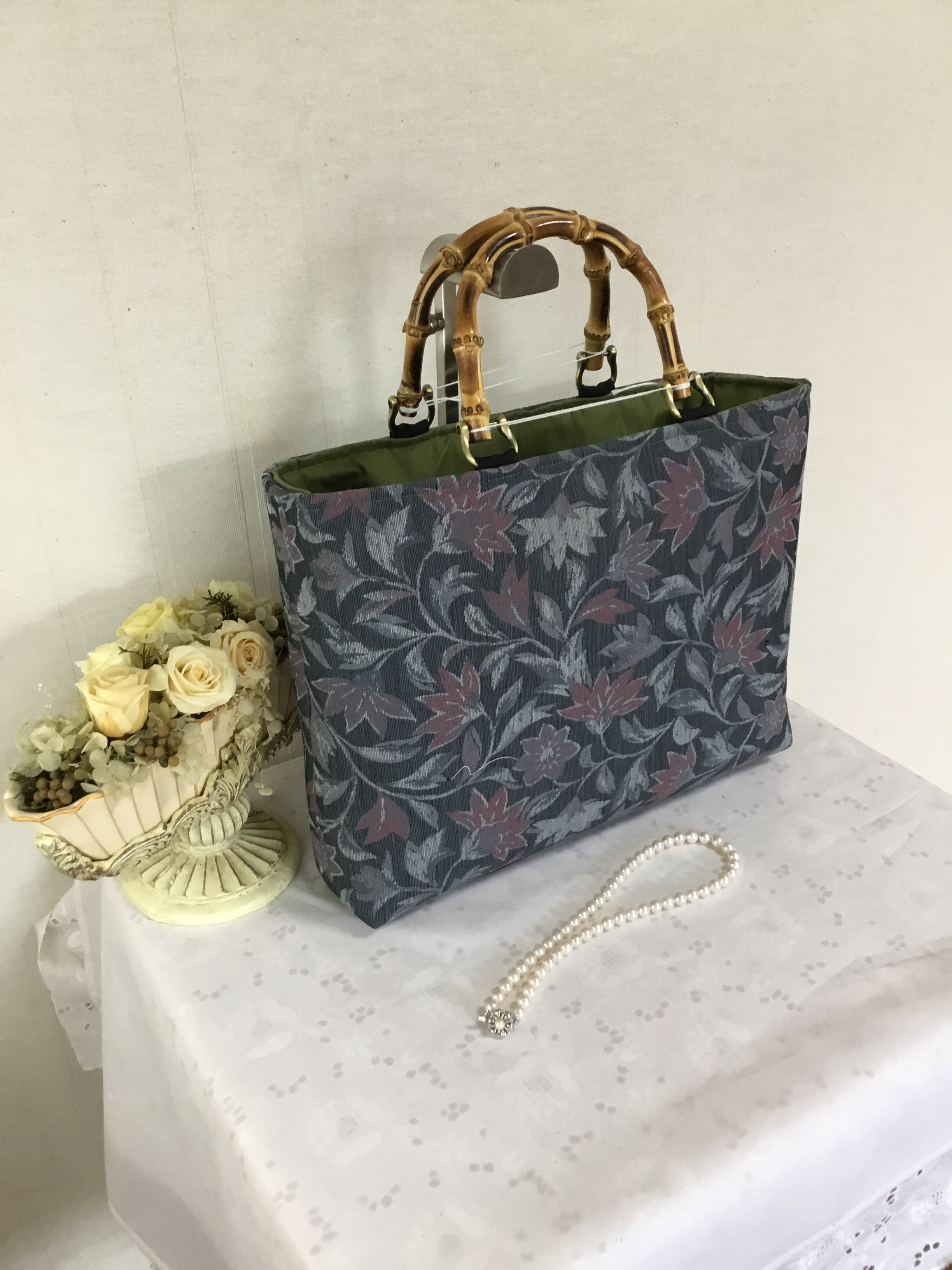 花ぷらら・シンプルで使いやすい・・洋服でも着物でも使える・ハンドメイド・リメイク・着物・カバン・トートバッグ・446