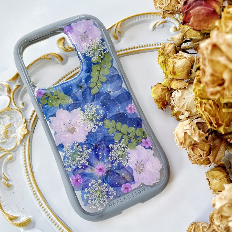 紫陽花iFace風押し花スマホケース iPhoneのみ対応 手帳型 iPhone16 iPhone16Pro