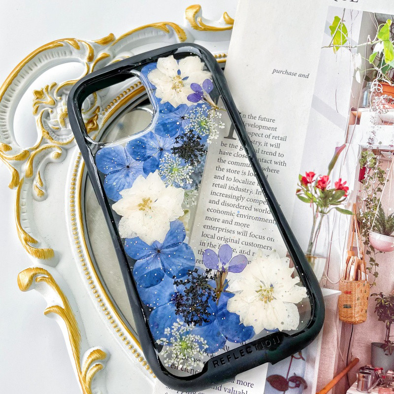 紫陽花iFace風押し花スマホケース iPhoneのみ対応 手帳型 iPhone16 iPhone16Pro