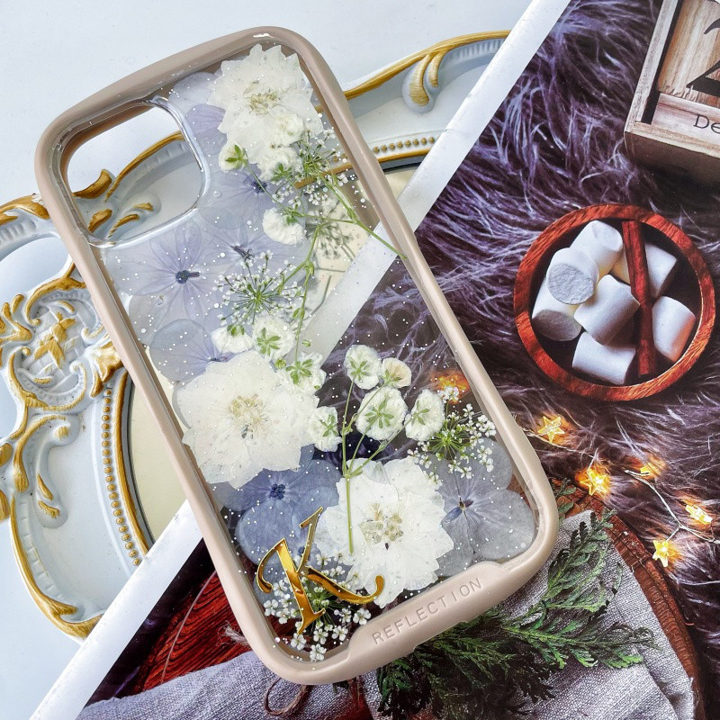 かすみ草 紫陽花iFace風押し花ケース、iPhoneのみ対応、手帳型、iPhone17、iPhone17pro