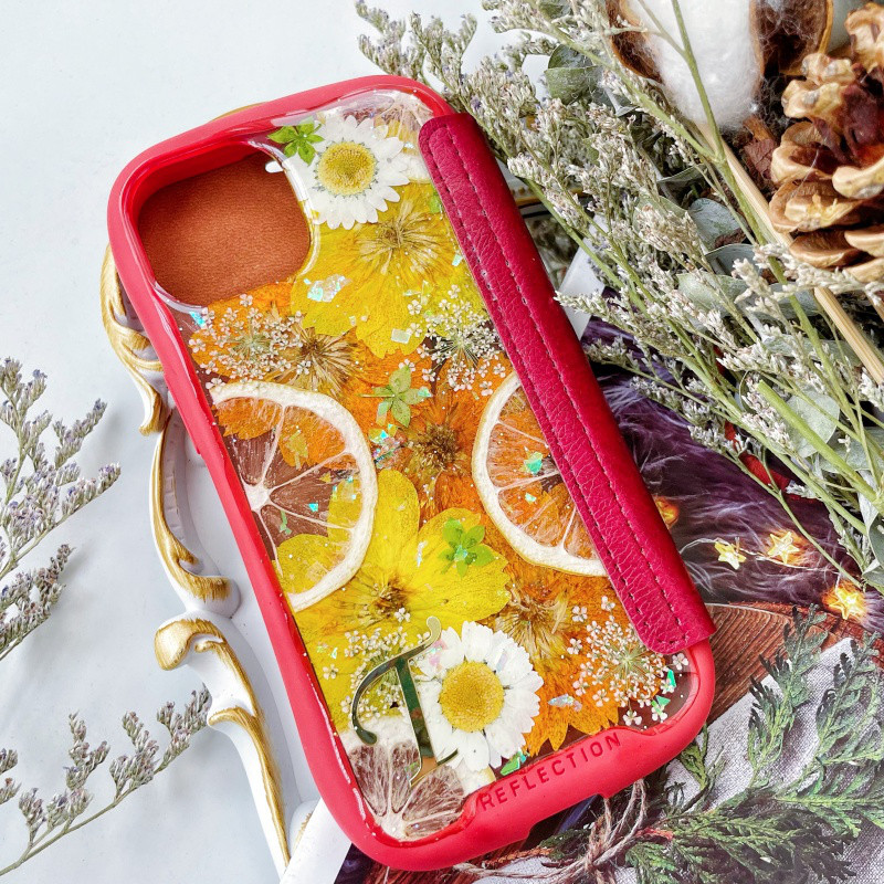 レモン 菊iFace風押し花スマホケース iPhoneのみ対応 手帳型 iPhone16 iPhone16Pro