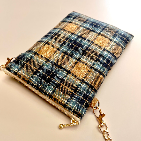 とろけるコットンツイード タータンチェックのポシェット ウールライク　スマホポシェット　スマホポーチ　スマホショルダー 8枚目の画像