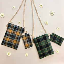 とろけるコットンツイード タータンチェックのポシェット ウールライク　スマホポシェット　スマホポーチ　スマホショルダー 1枚目の画像