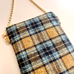 とろけるコットンツイード タータンチェックのポシェット ウールライク　スマホポシェット　スマホポーチ　スマホショルダー 7枚目の画像