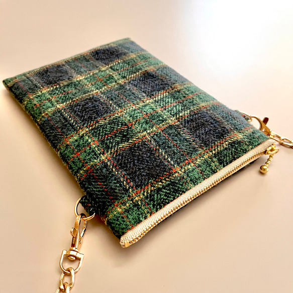 とろけるコットンツイード タータンチェックのポシェット ウールライク　スマホポシェット　スマホポーチ　スマホショルダー 15枚目の画像
