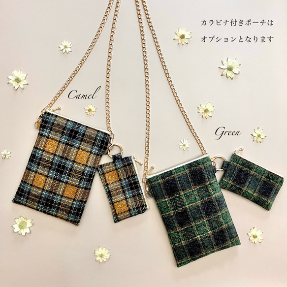 とろけるコットンツイード タータンチェックのポシェット ウールライク　スマホポシェット　スマホポーチ　スマホショルダー 2枚目の画像