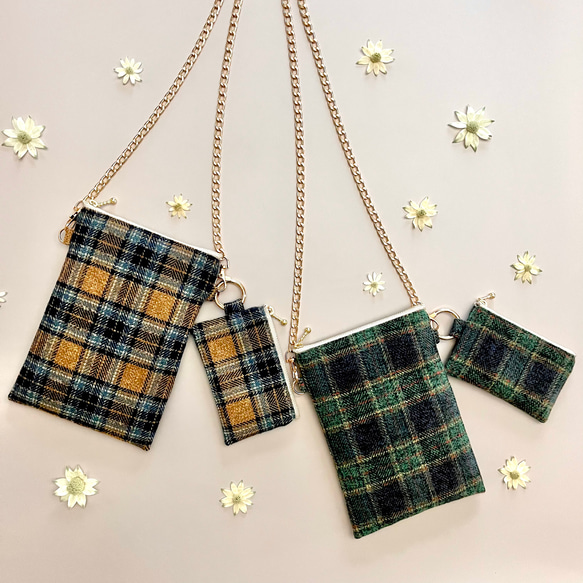 とろけるコットンツイード タータンチェックのポシェット ウールライク　スマホポシェット　スマホポーチ　スマホショルダー 3枚目の画像