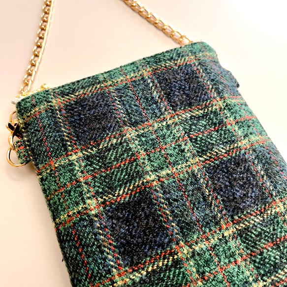 とろけるコットンツイード タータンチェックのポシェット ウールライク　スマホポシェット　スマホポーチ　スマホショルダー 13枚目の画像