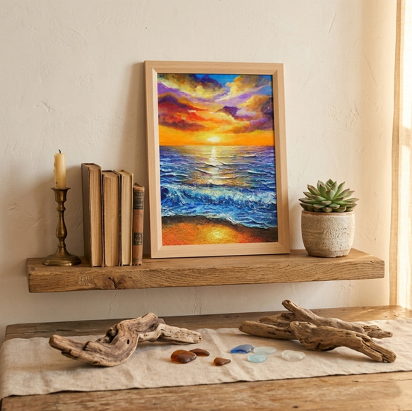 夕日と自然の風景画 A4サイズ 油絵 原画【明日への約束 〜凪の調べ〜】海 夕日 風景画 A4 額縁付