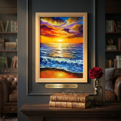油絵 原画【明日への約束 〜凪の調べ〜】海 夕日 風景画 A4 額縁付