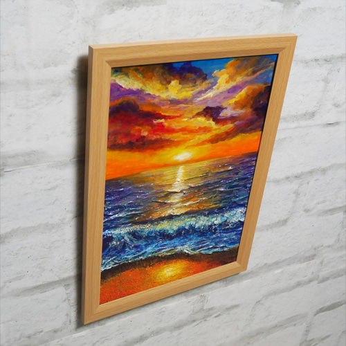 油絵 油彩 油彩画 絵 絵画 【水平線に沈む夕日】A4 絵画 HR 通販