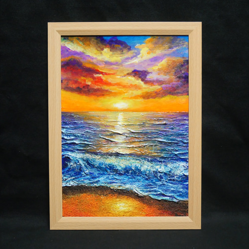 油絵 原画【明日への約束 〜凪の調べ〜】海 夕日 風景画 A4 額縁付