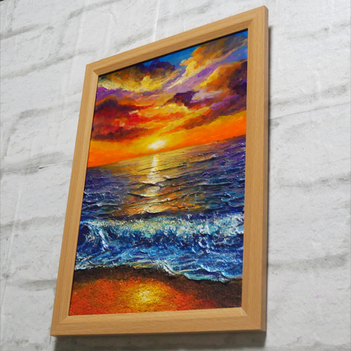 油絵 油彩 油彩画 絵 絵画 【水平線に沈む夕日】A4 絵画 HR 通販