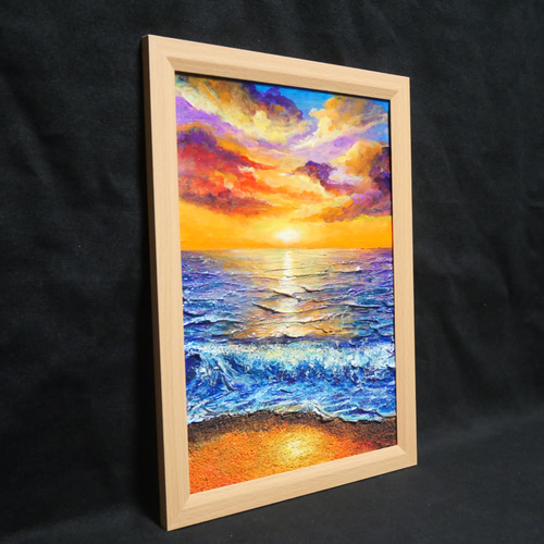 絵画　油絵 油絵 油彩 油彩画 絵 絵画 【水平線に沈む夕日】A4 絵画 HR 通販