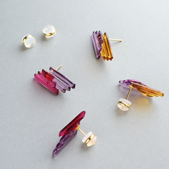 アール・デコヴィンテージガラスのピアス／イヤリング［レッド＆パープル］サージカルステンレス／チタン変更可能 14枚目の画像