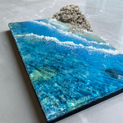 N919「亀と珊瑚」☆超立体 沖縄の海 レジンアートボード 美ら海