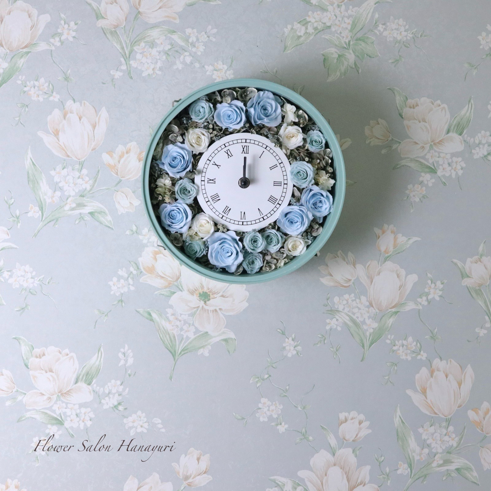 プリザーブドフラワー　花時計　ブルーグリーン　ミントグリーン　誕生日　記念日　結婚祝い　開店祝い　周年記念　模様替え