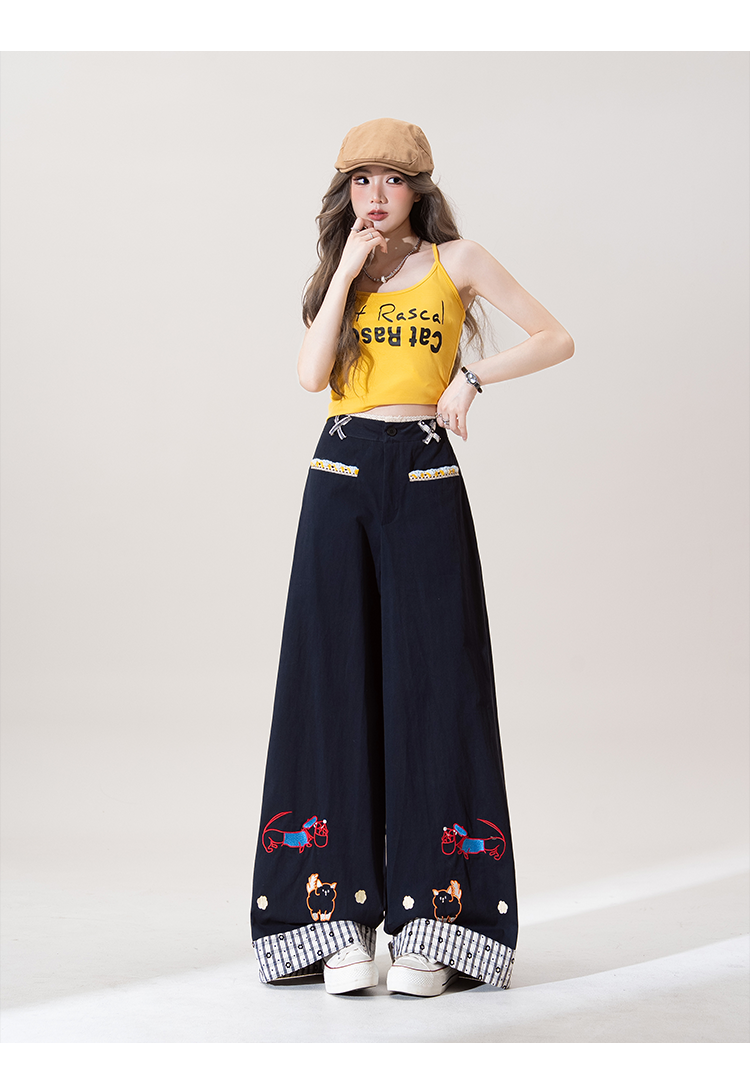 アメリカンレトロなキャラクター刺繍入りカジュアルパンツ女性2025夏新作デザイン感小人数ゆったりストレートワイドパンツ