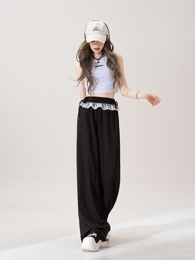 レースステッチブラックドットプリントカジュアルパンツ2025夏新作ゆるウエストワイドパンツ