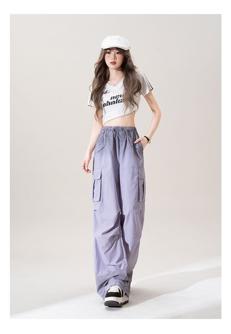 紫染めグラデーションマルチポケットタイツ女性夏の薄手タイプハイウエストゆったり着速乾ワイドパンツ 5,820円