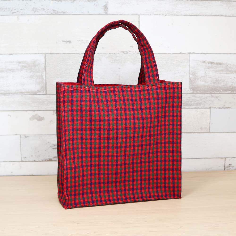ミニ ファミリア風 赤チェック ネイビー 紙袋型 ミニトート 通勤バッグ